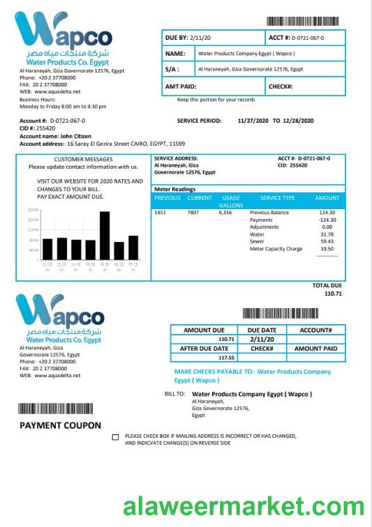 Egypt Water Products Company Egypt (Wapco) utility bill template in Word and PDF format